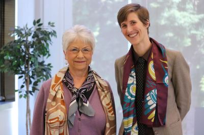 Keynote speaker Edie Loyer-Nelson, a former trustee of SCC and current Duwamish tribal member, and social sciences faculty member Michelle Kleisath at the Earth Day kickoff event.