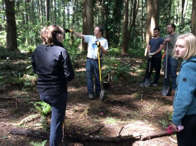 SCC Prof. Matt Loper leads the charge at Saturday's Boeing Creek habitat restoration work party.