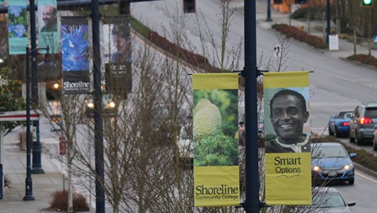 Shoreline Community College banners are now on light poles along Aurora Avenue from 155th Street to 165th Street as part of a collaboration with the City of Shoreline. Photo gallery