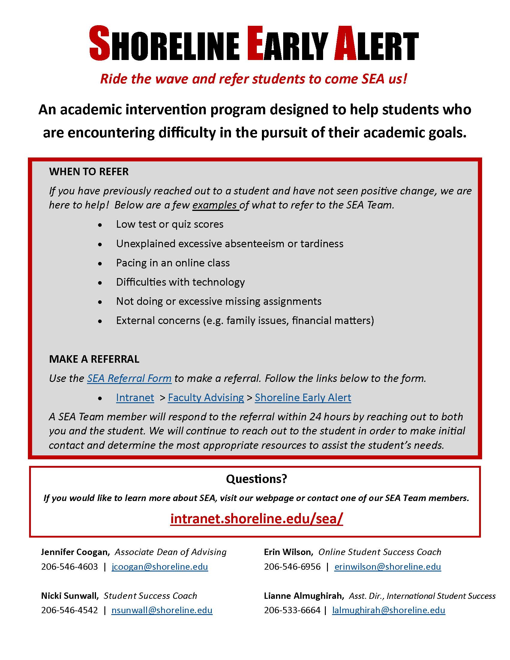 Shoreline Early Alert (SEA) Flyer 2016-2017