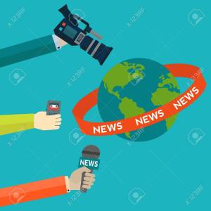 Decorative illustration of journalists and a "news" banner