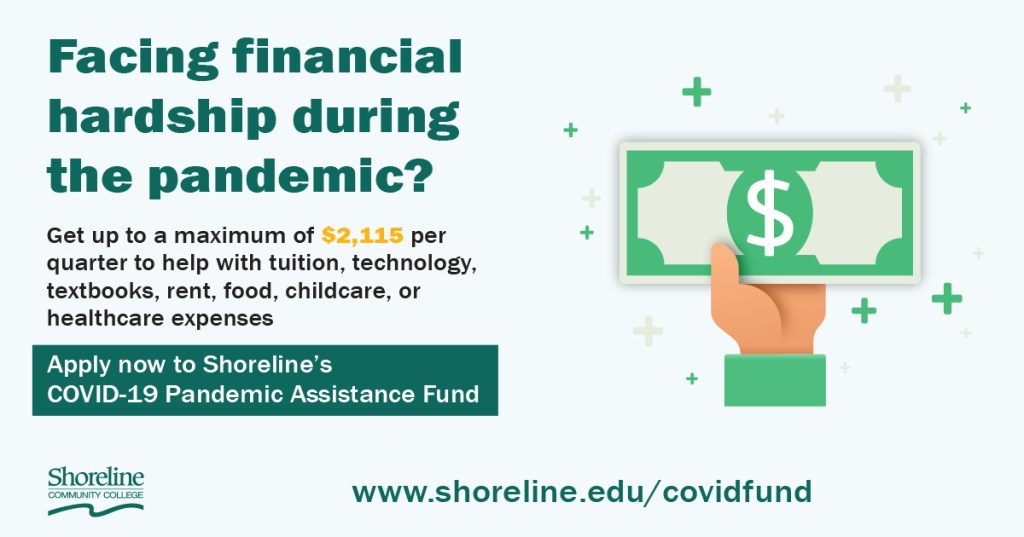 Illustration of a hand giving out dollars with the text "Facing financial hardship during the pandemic?"