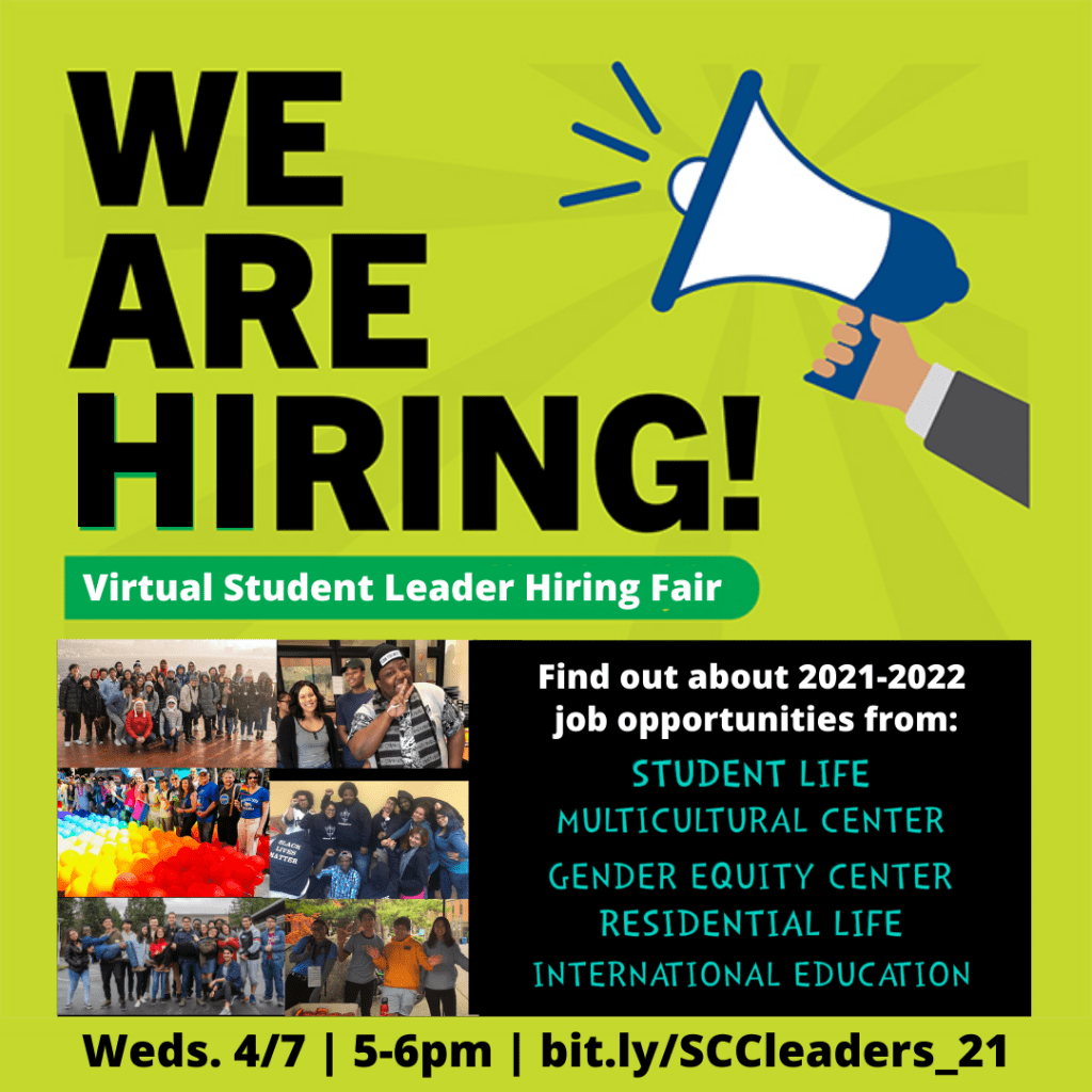 We are hiring! Virtual Student Leader Hiring Fair Wed 4/7 5-6 pm. Illustrated image of a hand holding a megaphone.