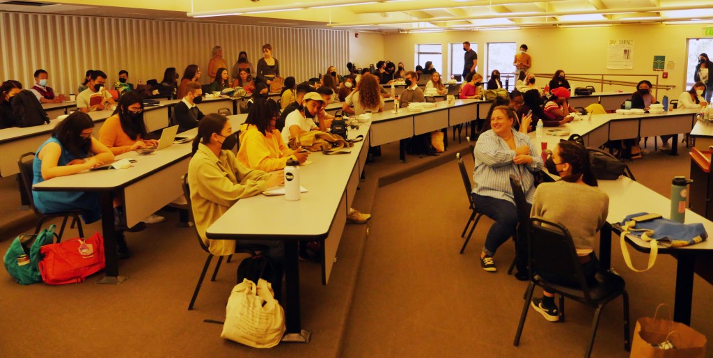 room with extras for filming