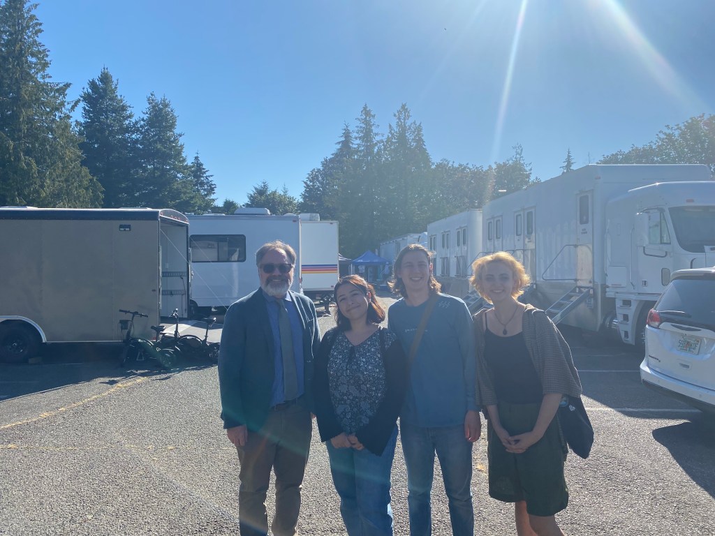 Jack Kahn with film students and crew