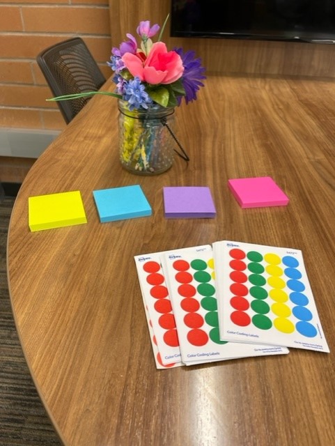 sticky notes and colored dots on a table