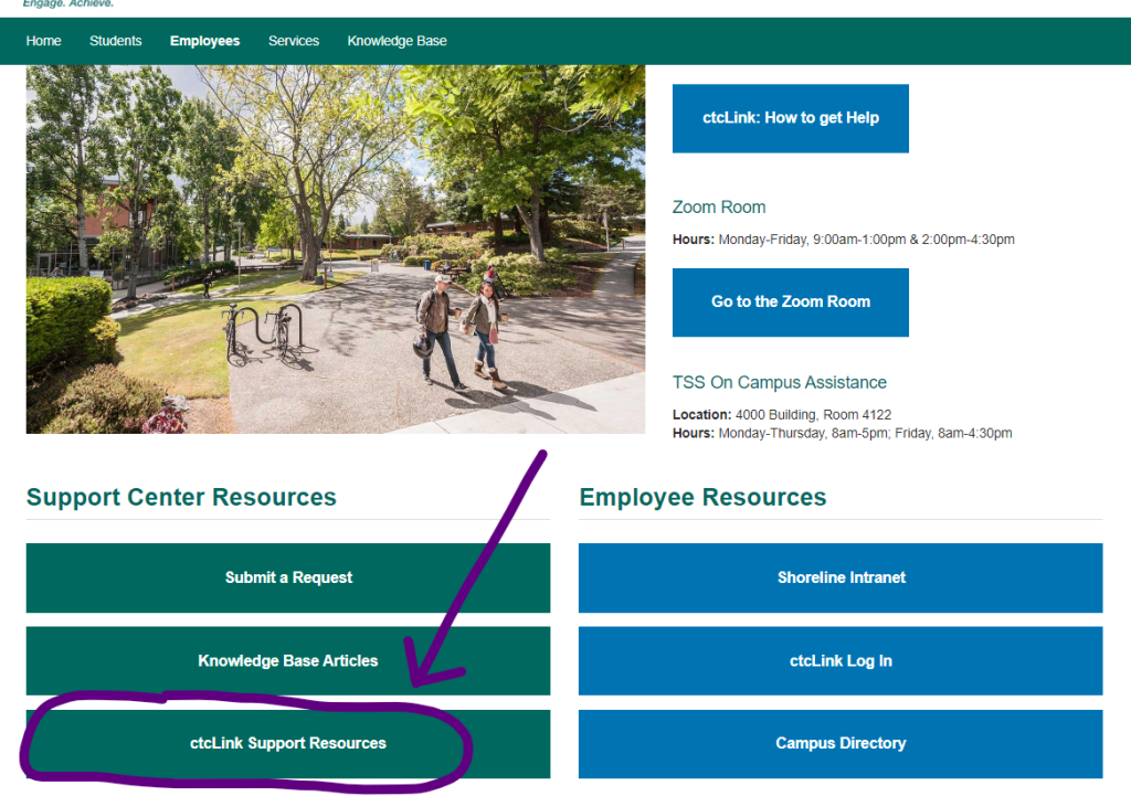 screenshot of ctcLink support resources button added to the employee page