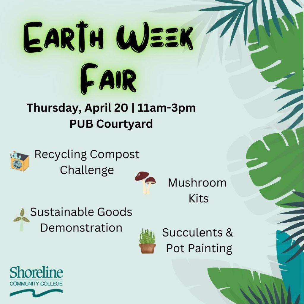 Earth Week fair in the PUB April 20th 11 am to 3pm with palm leaves and gardening icons