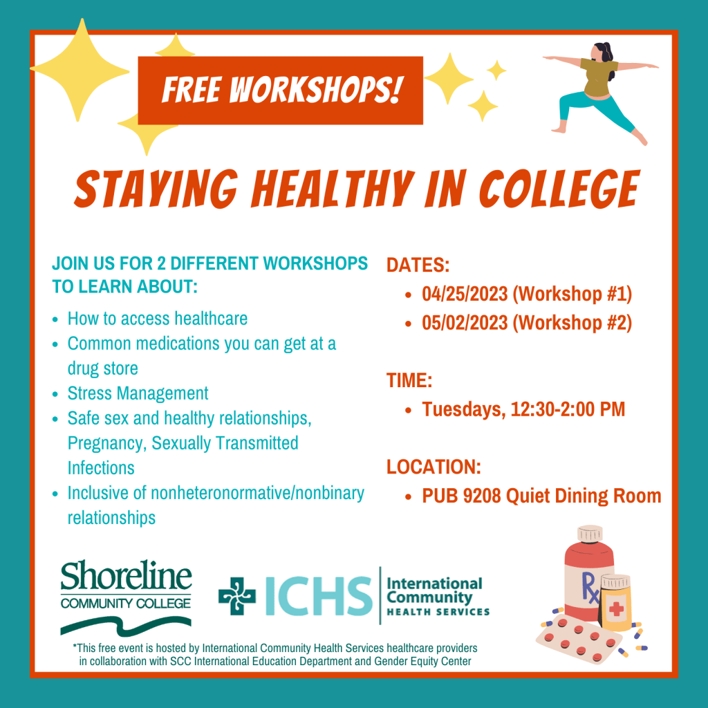 This is a colorful flyer advertising the free workshops listed above.  It has clip art of of a person doing yoga poses as well as perceptions.