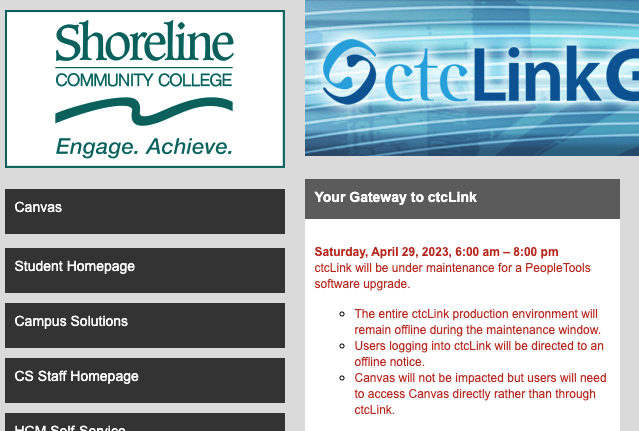 This is a screen shot of the ctcLink screen showing the network will be down on Saturday during the day.