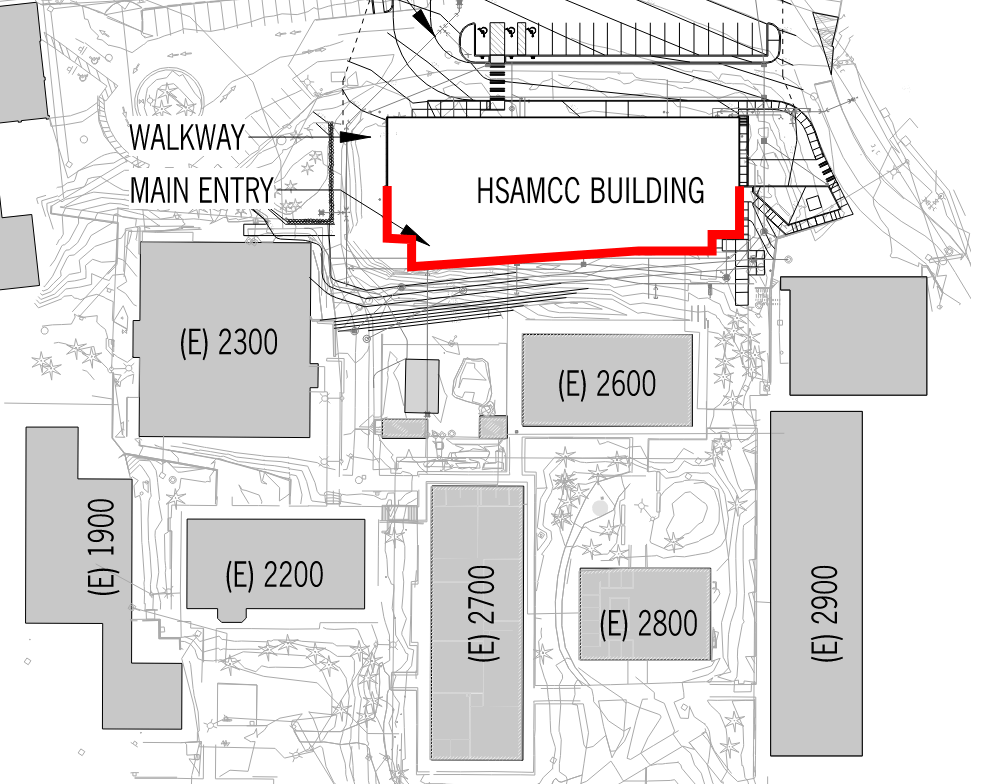 This show a blueprint of campus narrowing in on the new HSAMCC Building and shows where the sealer will be applied.