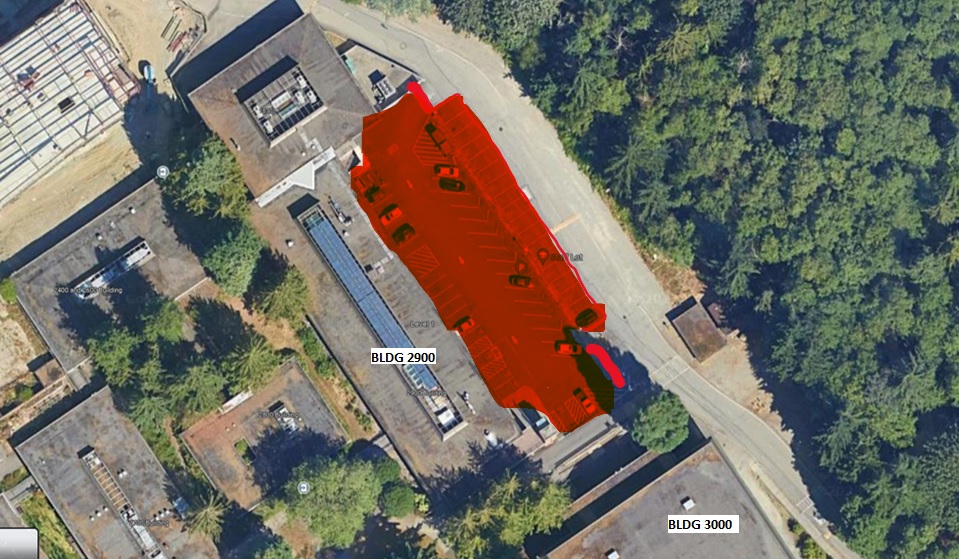 This shows building 2900 and the parking lot that will be impacted by construction.