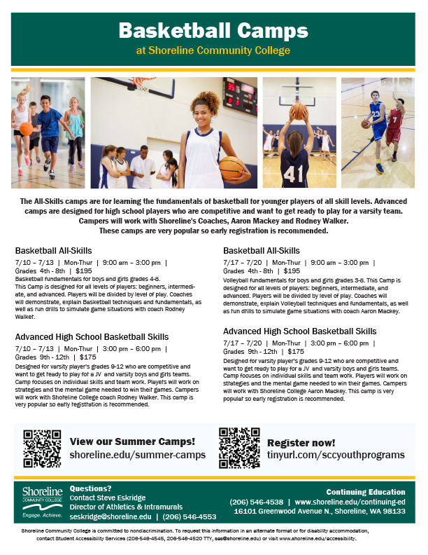 This is a flyer with information about basketball camps for 4-8th graders being offered this July.