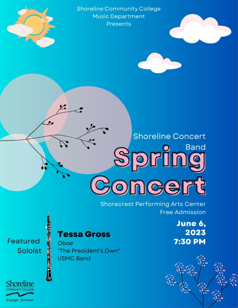 This is a flyer with a blue background, clouds and the sun.  It advertises Shoreline's Spring Concert Band Concert.