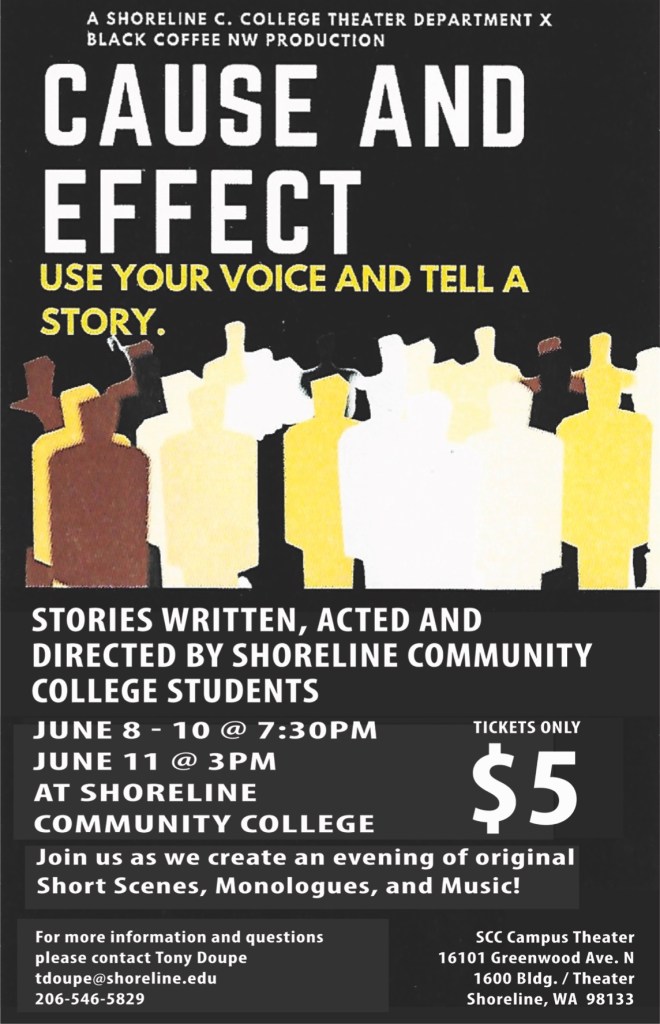 This is a black flyer with a yellow, brown, white, scream, black graphic of faceless people in a crowd, advertising the Shoreline Shorts