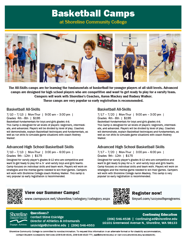 This is a flyer describing Basketball Camps at SCC