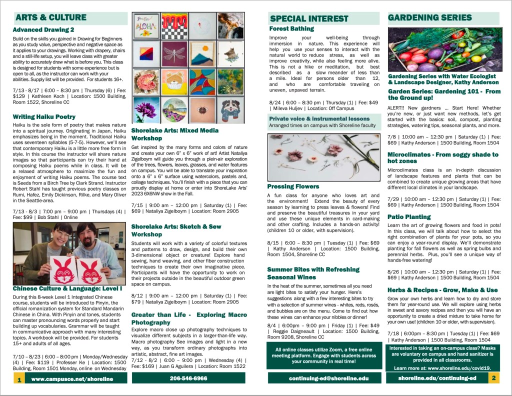 This is page 2 and 3 of the Summer Continuing Ed flyer and it has a lot of different adult offerings.
