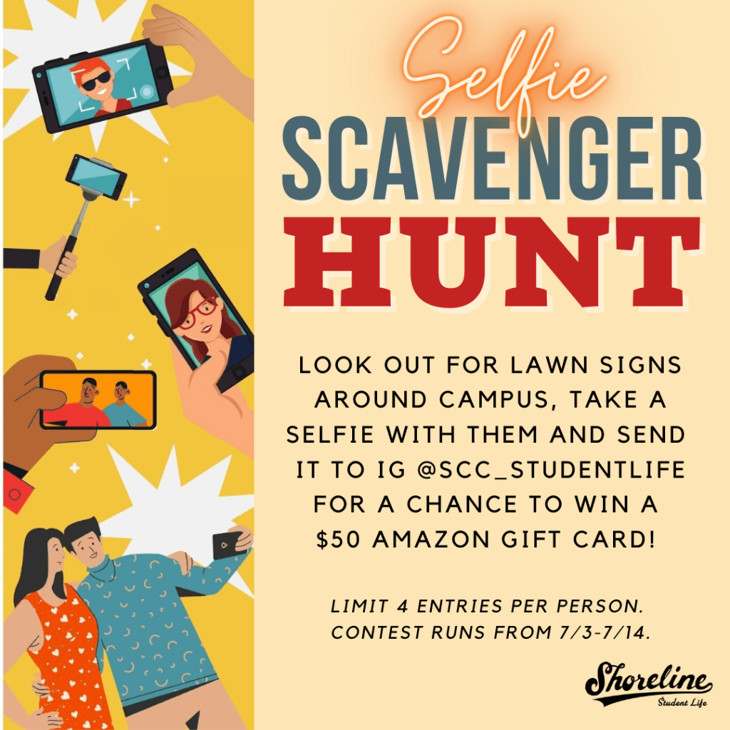 This has lots of graphics of phones and advertises a selfie scavenger hunt with a change to win a $50 Amazon gift card.