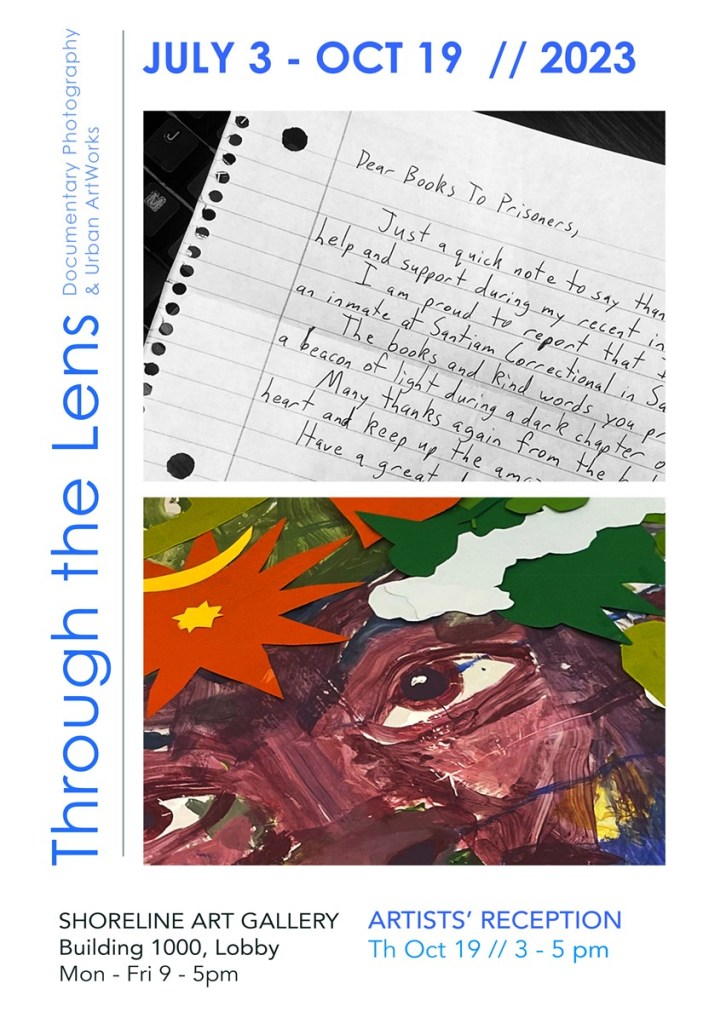 This is a poster for the art reception- it has a picture on the top which is of a handwritten letter and a photo of a close-up with an eye 