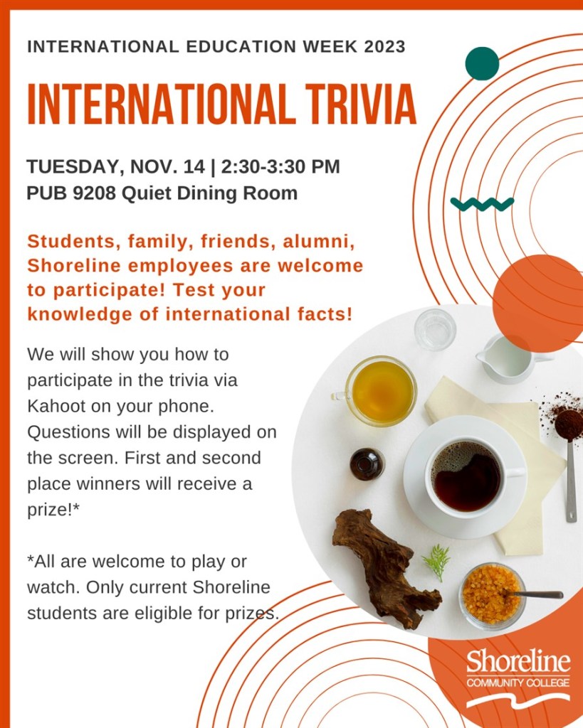 This is a flyer with coffee and tea on it advertising the international trivia