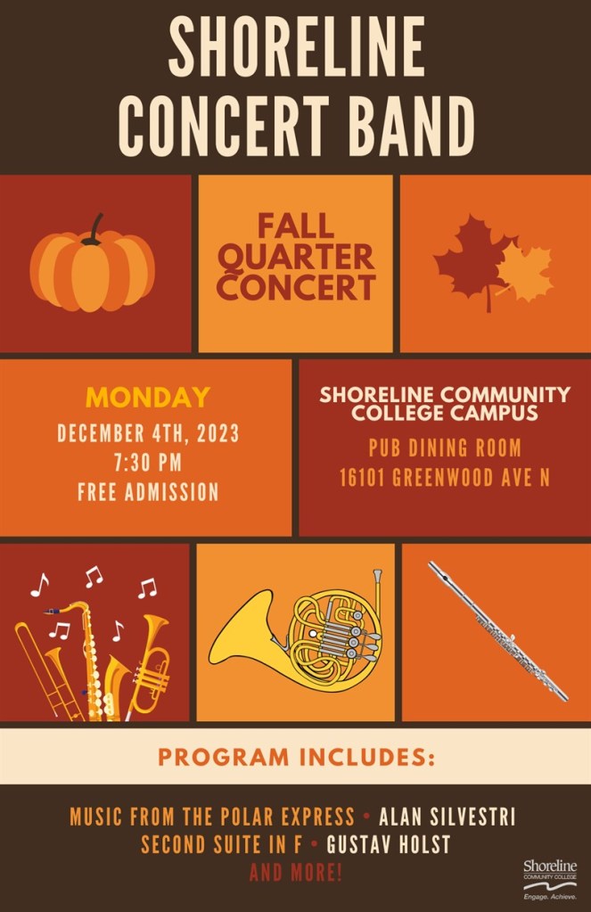 This is a fall themed flyer with images of pumpkins, leaves, and musical instruments advertising the band event