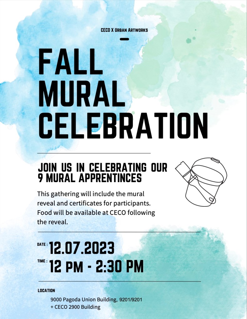 This is a watercolor blue and green background with a clip art of a paint bucket and brush advertising detailed covered in the post about the Fall Mural Celebration