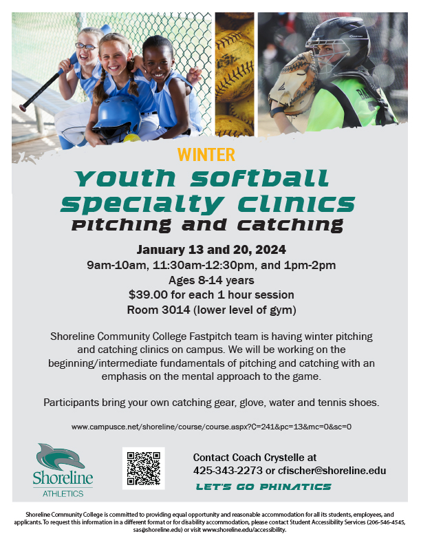 This is a flyers containing images of young girls in blue softball uniforms sitting in the dugout with bat, ball and helmet, an image of yellowed softballs, and sitting with a glove.