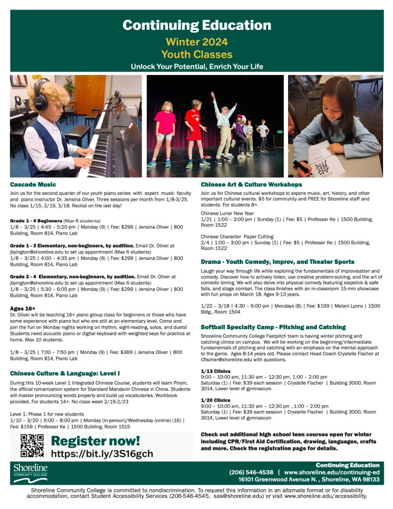 This is a flyer advertising continuing education courses.  It has a child playing piano, a group of kids on stage and a child writing Chinese characters