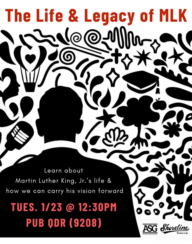 This is a black and white flyer with a large graphic of MLK at a microphone taken from the back