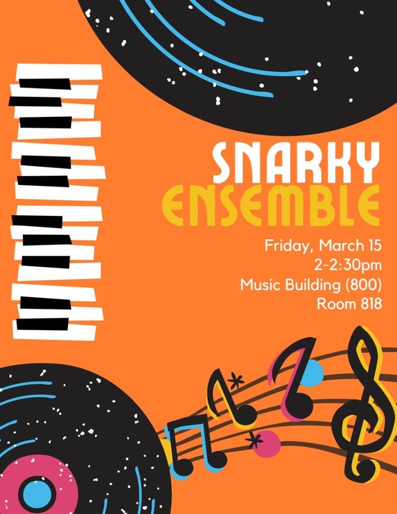 This is an orange flyer with music notes and a keyboard