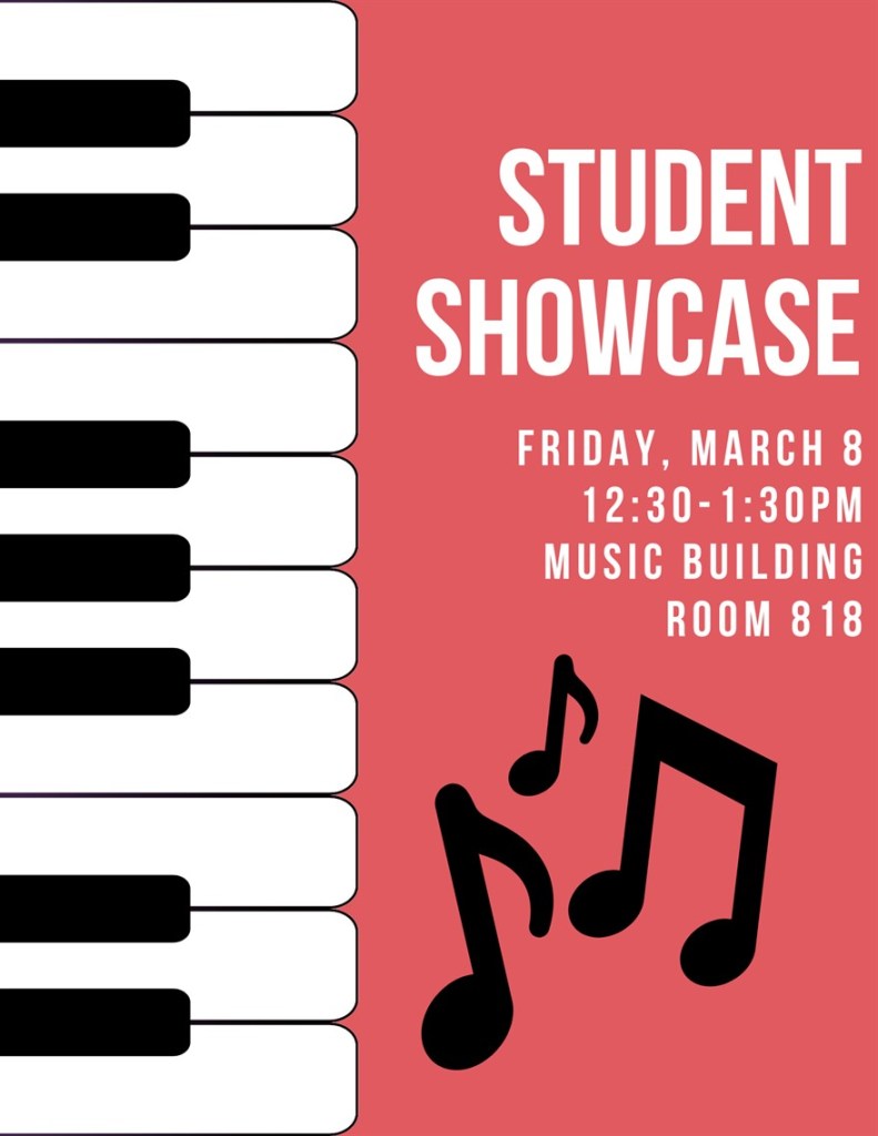 This is a red flyer with a piano keyboard and black music notes