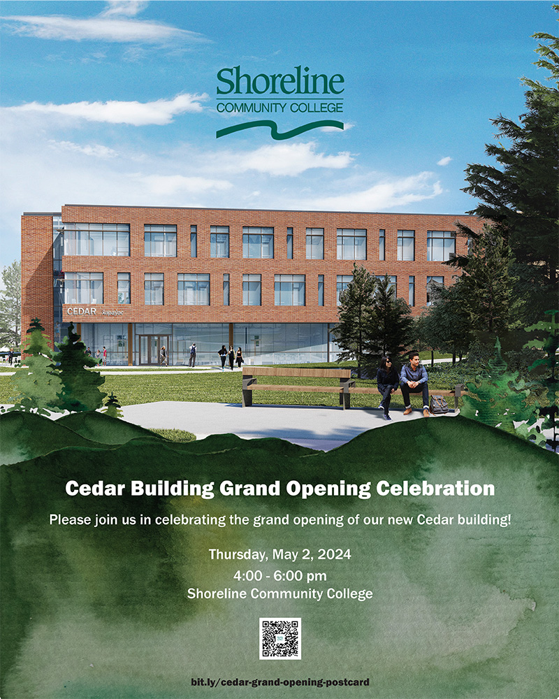 This is an invitation for the Cedar Building grand opening.  It has an image of the cedar building on it surrounded by trees.