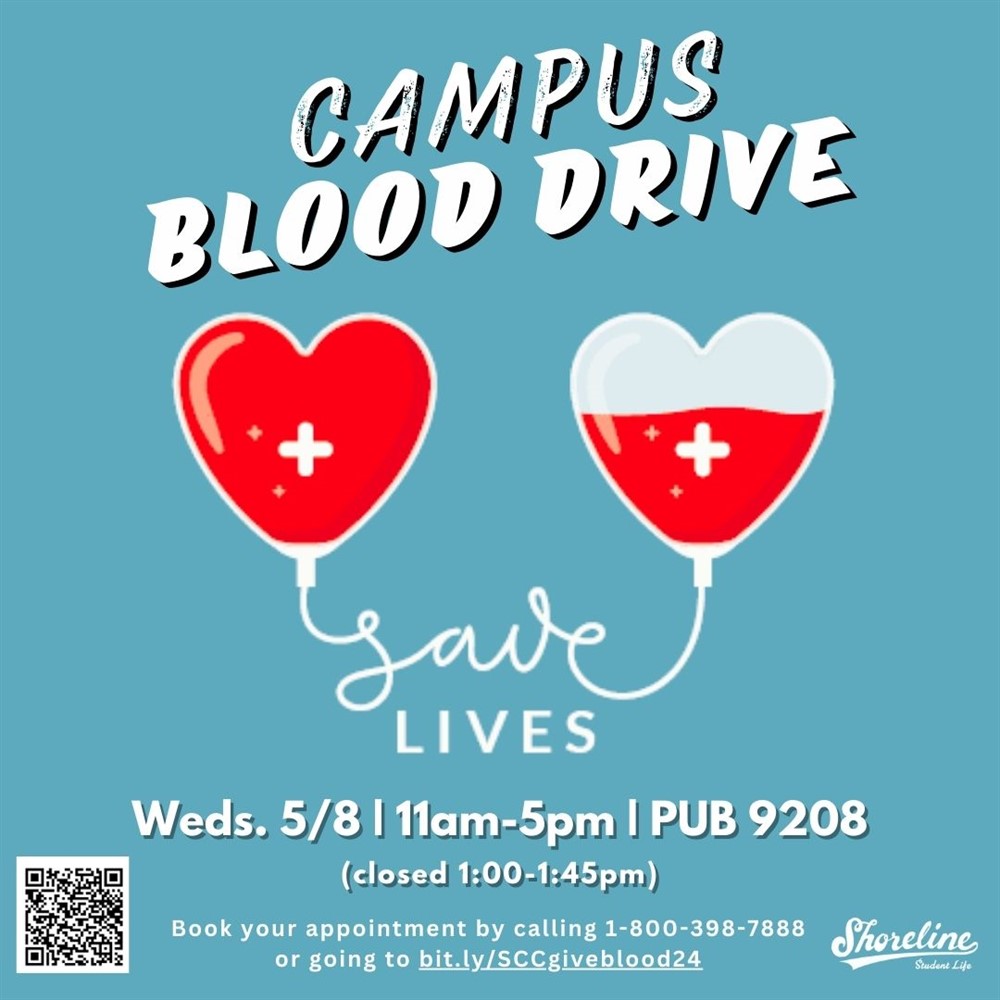 This is a blue graphic with hearts filled with red "blood" advertising the blood drive.