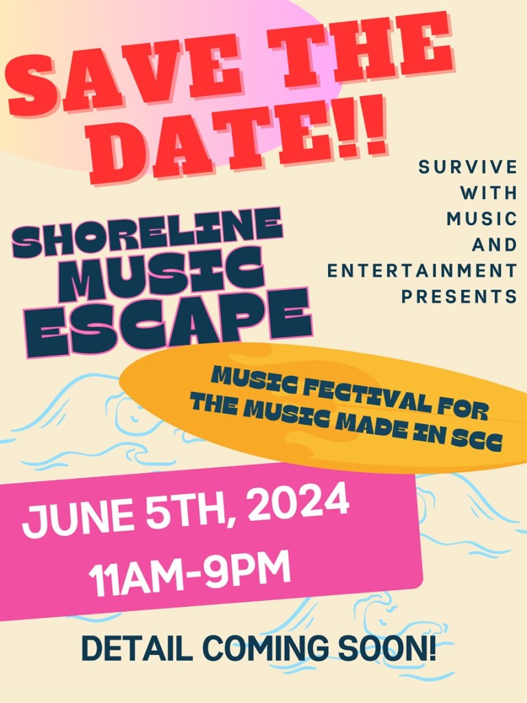 This is a tan colored flyer with brightly colored writing and some waves in the background (has a surfer vibe) advertising the music event           mbjvvcvn       bbbbbjb