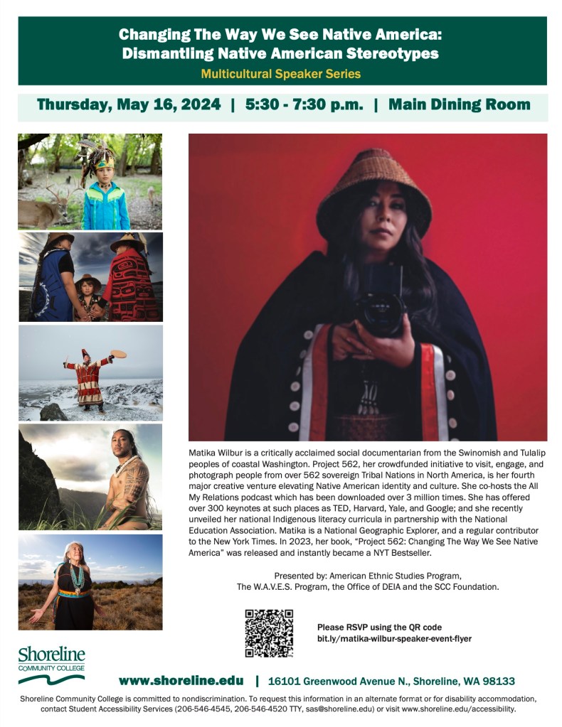 This shows images of Matika's photography and advertises her talking on 5/16