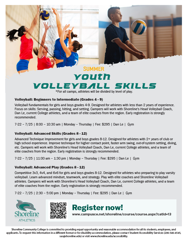 This is a flyer with information about the youth volleyball camps