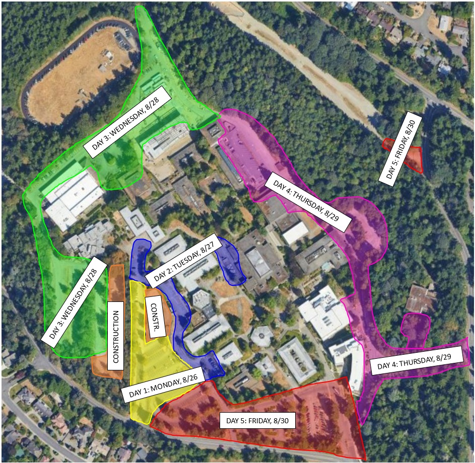 This is a color coded map that shows which areas are getting striped on which days