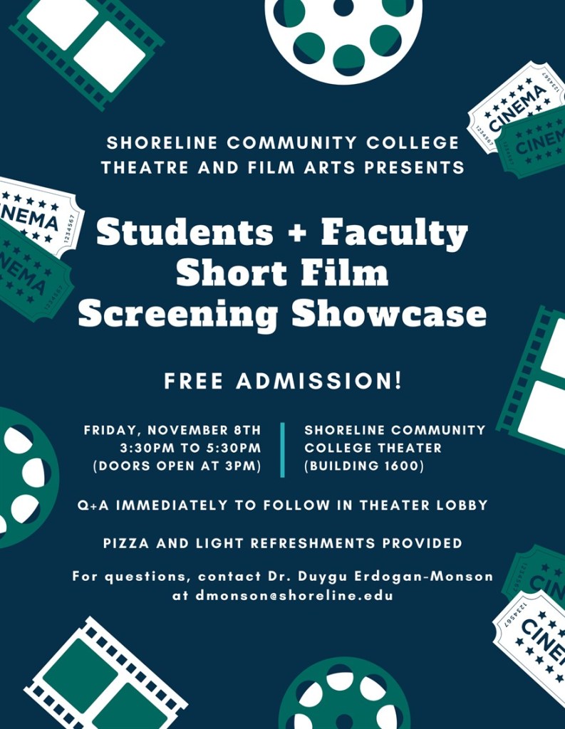 This is a blue flyer with teal and green clip art of tickets and movie reels