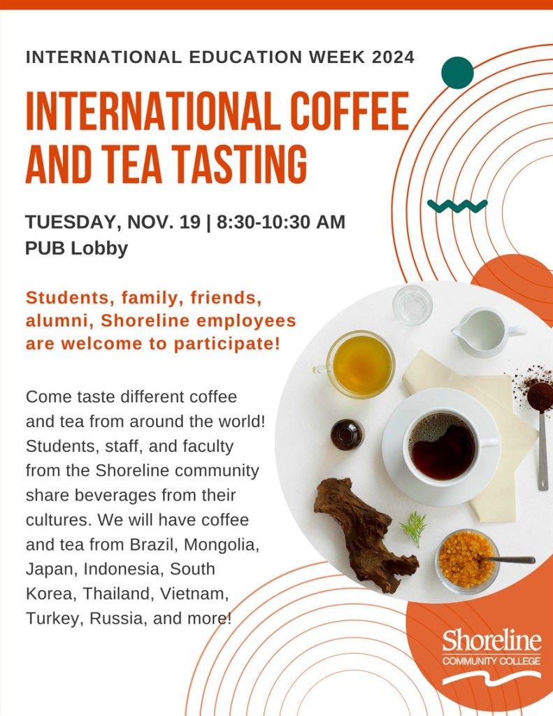 This is a white and orange flyer with an image of coffee and tea on it, advertising the coffee and tea tasting.