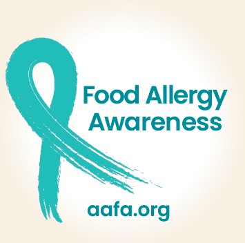 This is an ecru colored background with a teal ribbon advertising food allergy awareness.