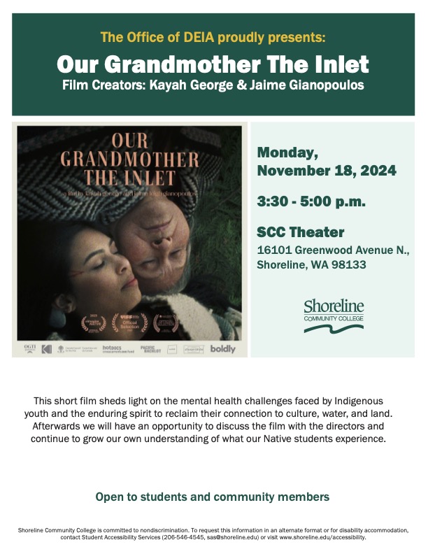 This is an image of two indigenous women, one younger and one older lying on their backs head to head.  It is advertising the event on Monday 11/18.