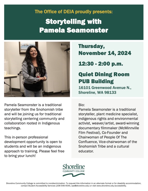 This is a flyer with an image of the storyteller Pamela Seamonster on it advertising the event being held on 11/14 from 12:30-2:00pm.
