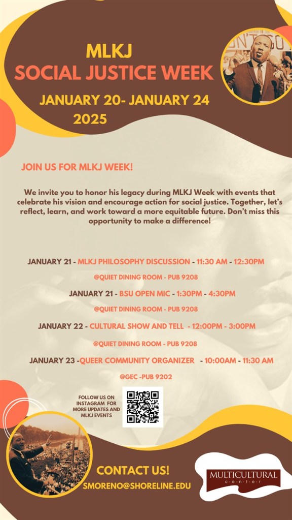 Image: flyer for Social Justice Week that includes event details described in the text of this post. 