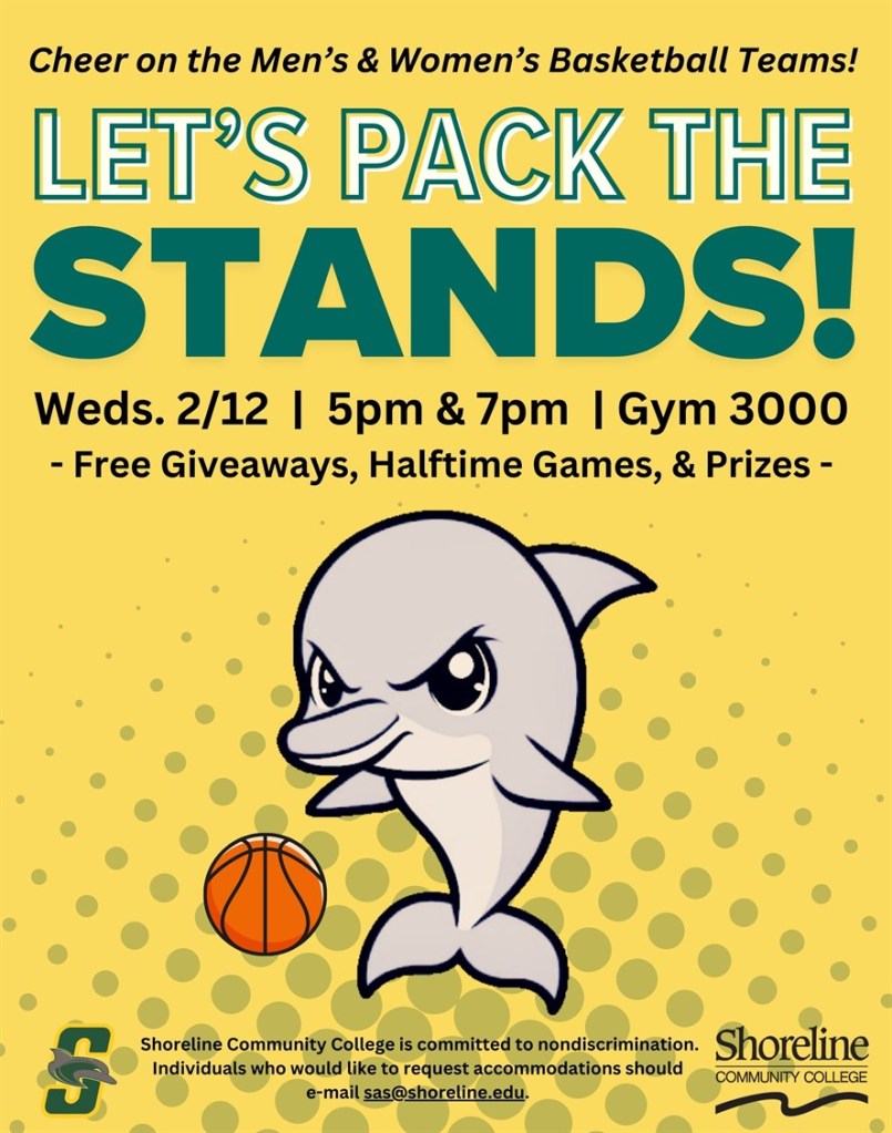 Image of a cartoon dolphin with a basketball. Headline reads "Let's Pack the Stands!" Image also contains event details that are included in the text of the blog post.