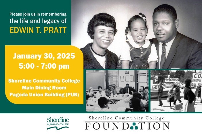Image of Edwin Pratt along with the following details of the Day of Remembrance: January 30, 2025 from 5 - 7 pm in the Shoreline Community College Pagoda Union Building's Main Dining Room. 