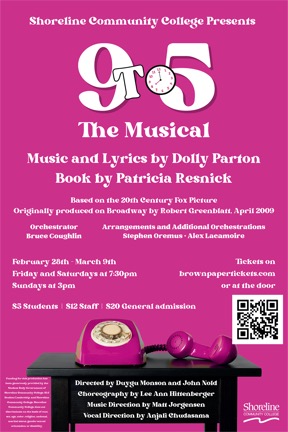 Image of a phone on a desk against a pink background, with the heading "9 to 5 the Musical."