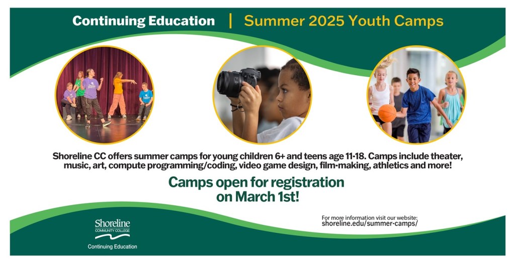 Pictures of children performing onstage, taking photographs, and playing basketball.