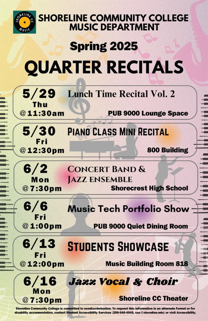Event flyer features illustrations of musicians and musical instruments.