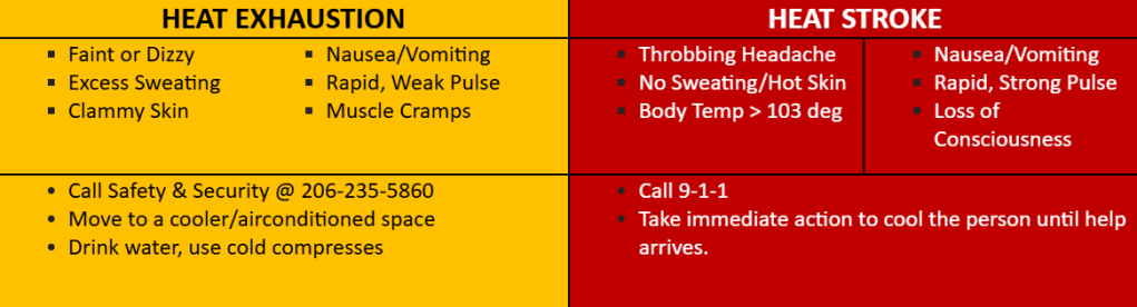 Infographic listing signs of heat exhaustion (faint or dizzy, excess sweating clammy skin, nausea/vomiting, rapid, weak pulse, muscle cramps) and signs of heat stroke (throbbing headache, no sweating/hot skin, body temp >103, nausea/vomiting, rapid, strong pulse, loss of consciousness). For heat exhaustions, call Safety & Security (206-235-5860), move to cooler space, drink water. For heat stroke, call 911 and take immediate action to cool the person until help arrives. 