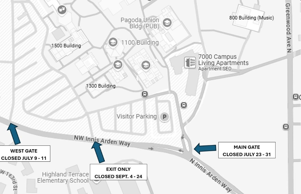 Map of campus with arrows pointing to the gate closures references in the text of this blog post.
